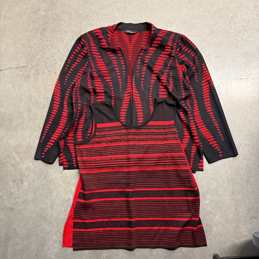 Ming Wang Red Black Knit Cardigan and Tank Top 2 Piece Set Womens XL